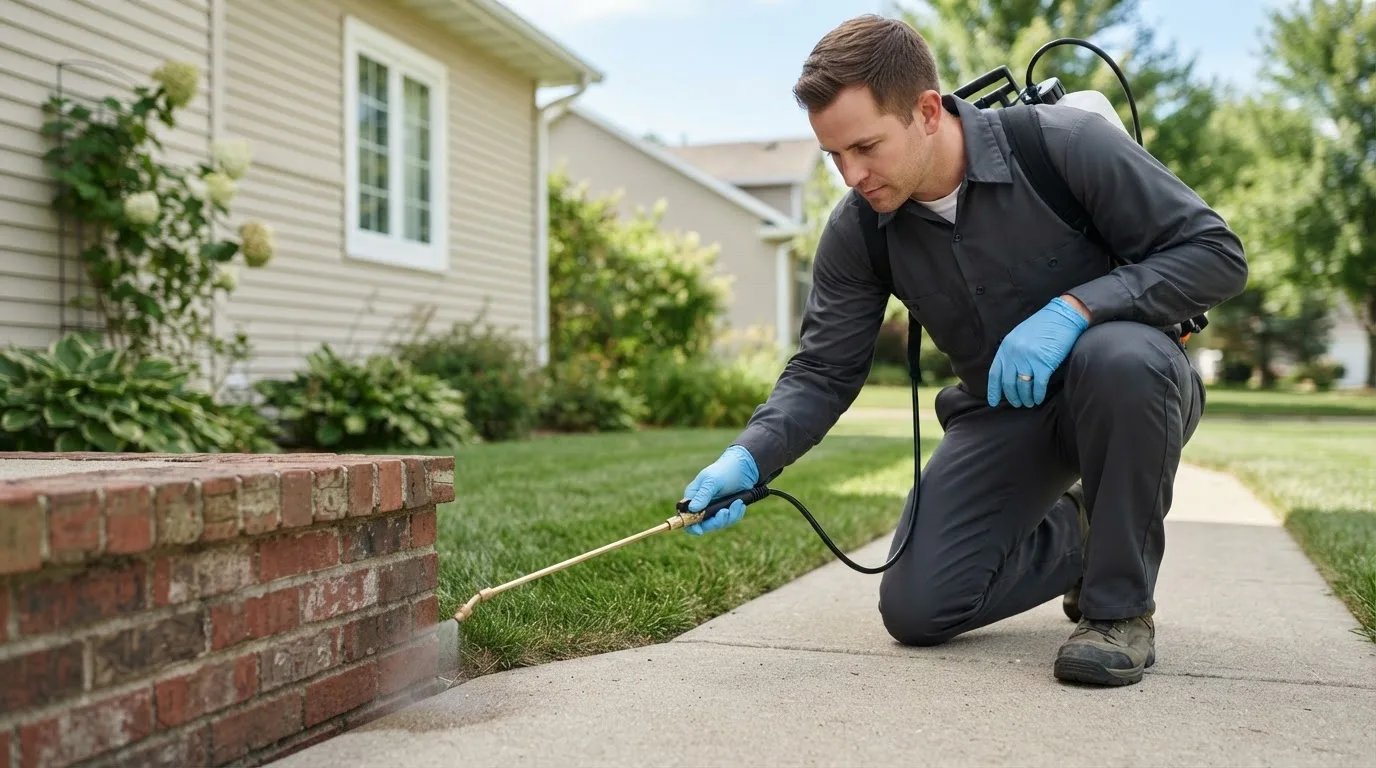 Pest control technician treating a home near Creston, OH