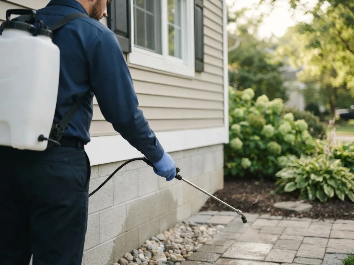 Pest control technician inspecting a home in Creston, OH